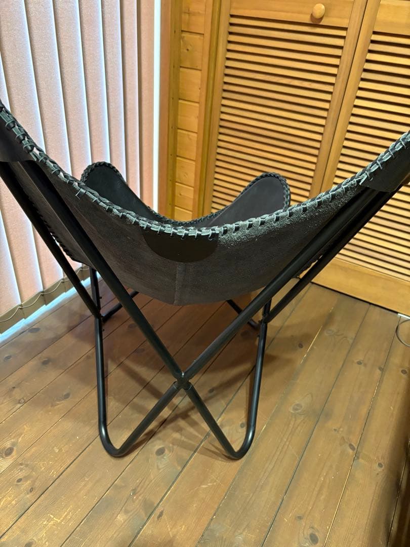 美品 ビカーサ購入 黒レザー バタフライチェア 手縫い 本革