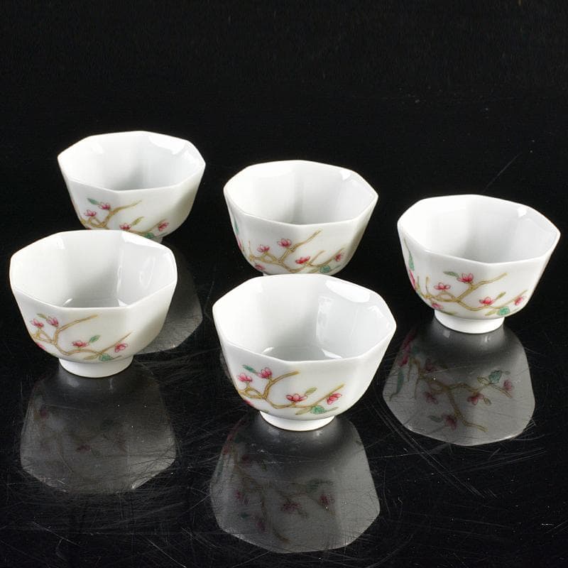 中国　同治年製款　粉彩　螽斯柘榴文　八角煎茶碗　五客　時代箱付　M　R6249E