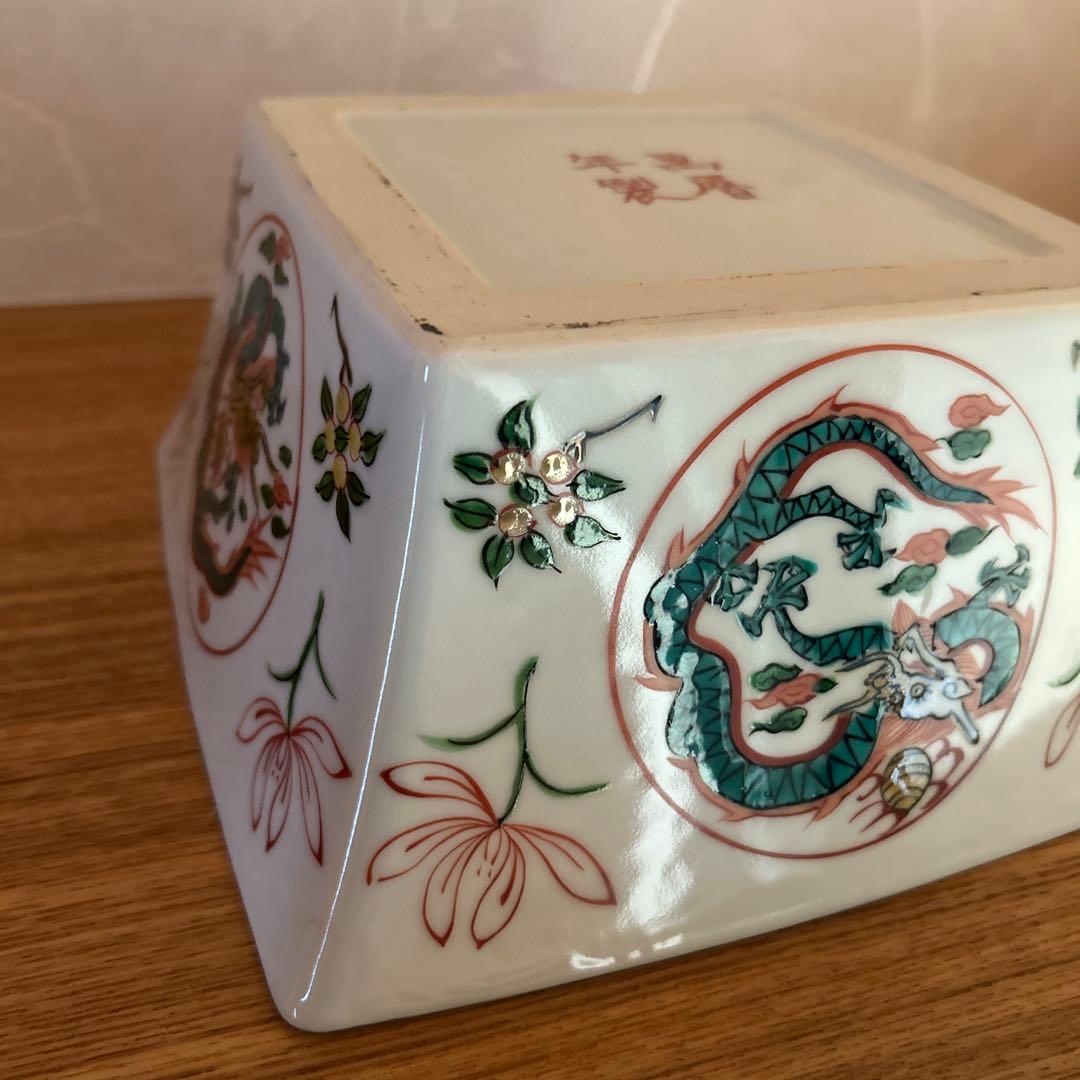 平安静山造　赤絵萬暦枡　水指　富田静山　茶道具　蓋付き