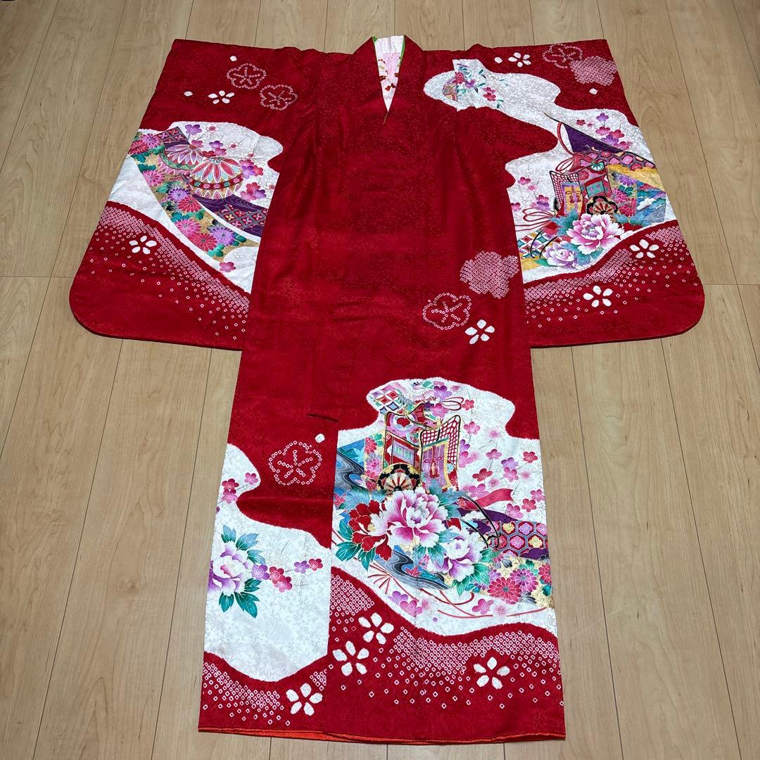 161 正絹　真紅×絞り　疋田　7歳 七五三着物フルセット　和装小物　袋帯