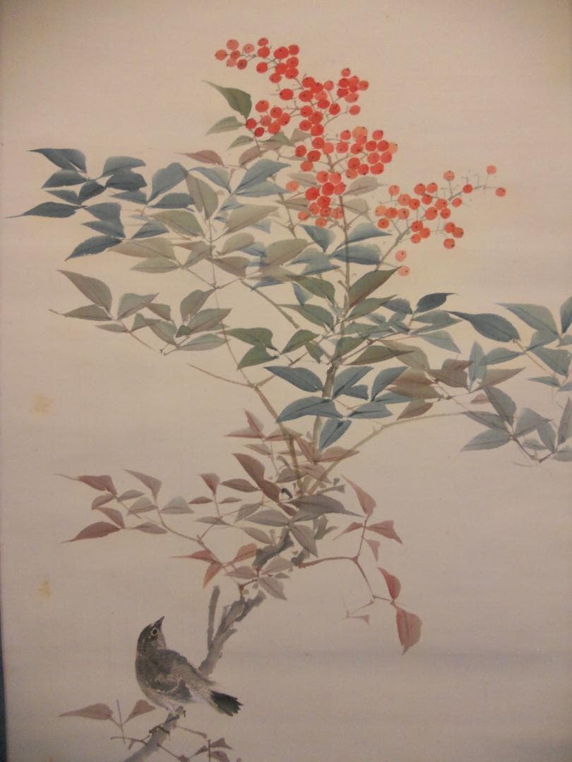 掛け軸 桂月 南天に雀 絹本 希少 軸装 茶道具 掛軸 美品 です。