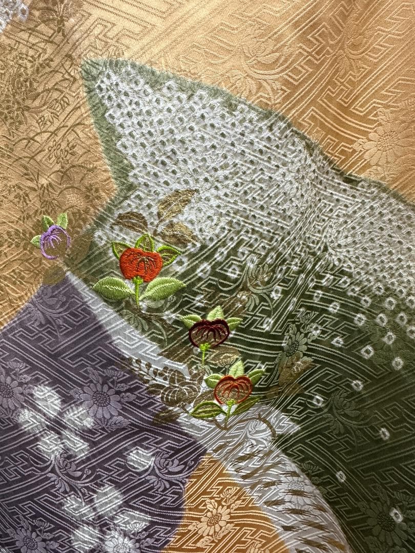 逸品 千總 桶絞り 刺繍 薄黄色オレンジ地染め分け振袖 単品