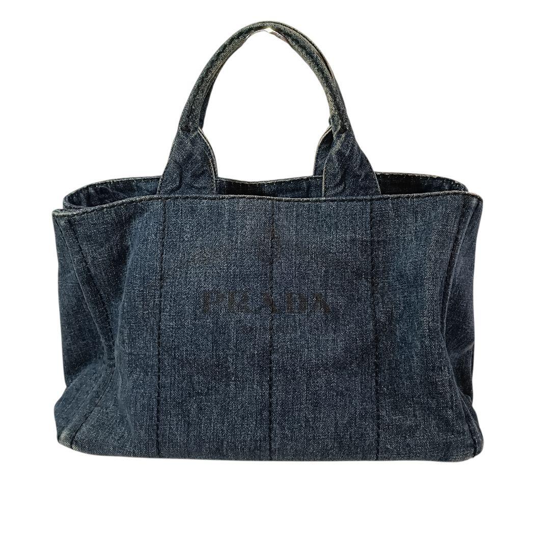 美品 正規品 PRADA プラダ ハンドバッグ カナパ デニム 三角ロゴ ブルー
