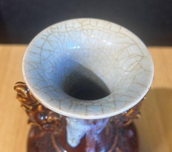 S8010　古美術　中国　金窯　紅袖　双目花瓶　飾壺　花瓶　花器