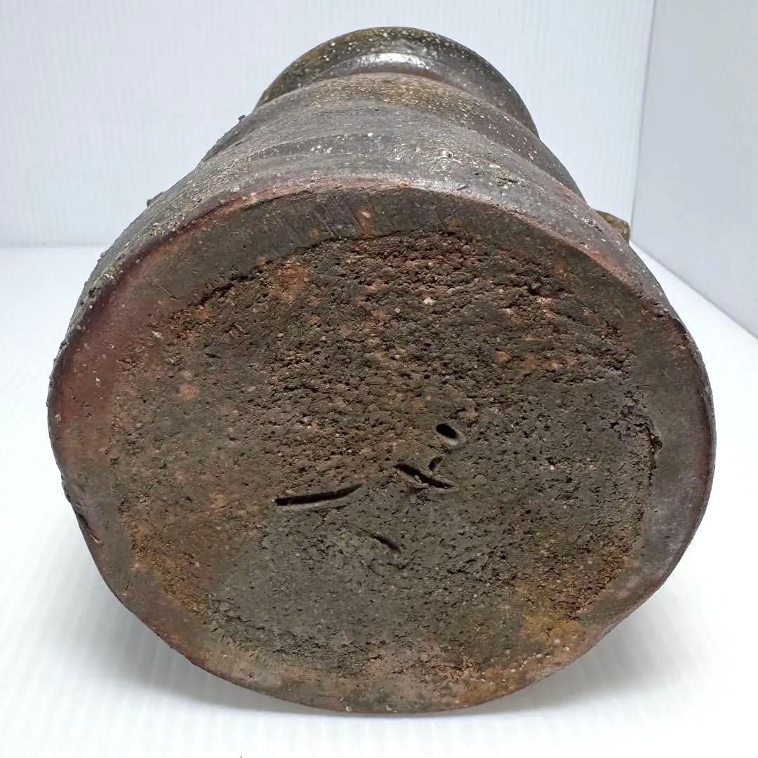 未使用 備前焼 斉藤隆 持ち手付き 花生 花瓶 花器 壺 伝統工芸 美術品