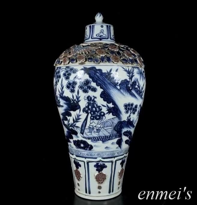 中国古美術✦青花釉裏紅捏花蕭何月下で韓信を追う梅瓶✦文房具・純手描き・陶芸・花瓶