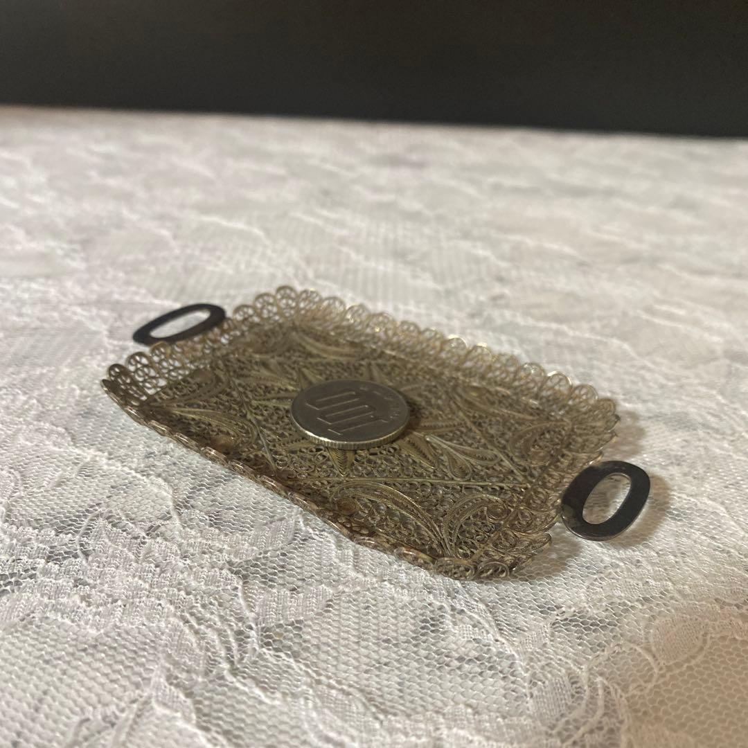 アンティーク　シルバー　800 トレー　銀線細工の可愛いミニチュアトレイ