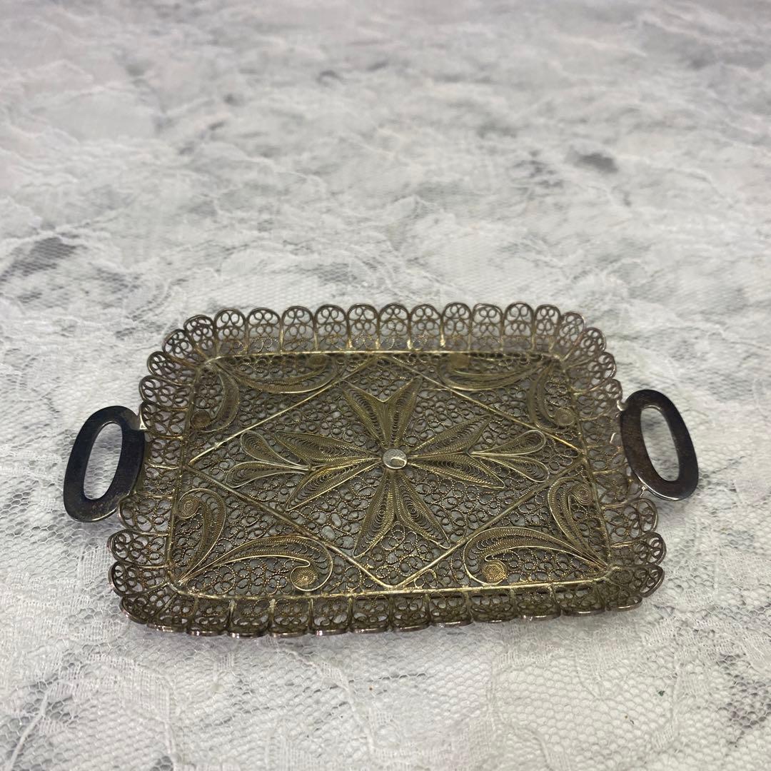 アンティーク　シルバー　800 トレー　銀線細工の可愛いミニチュアトレイ