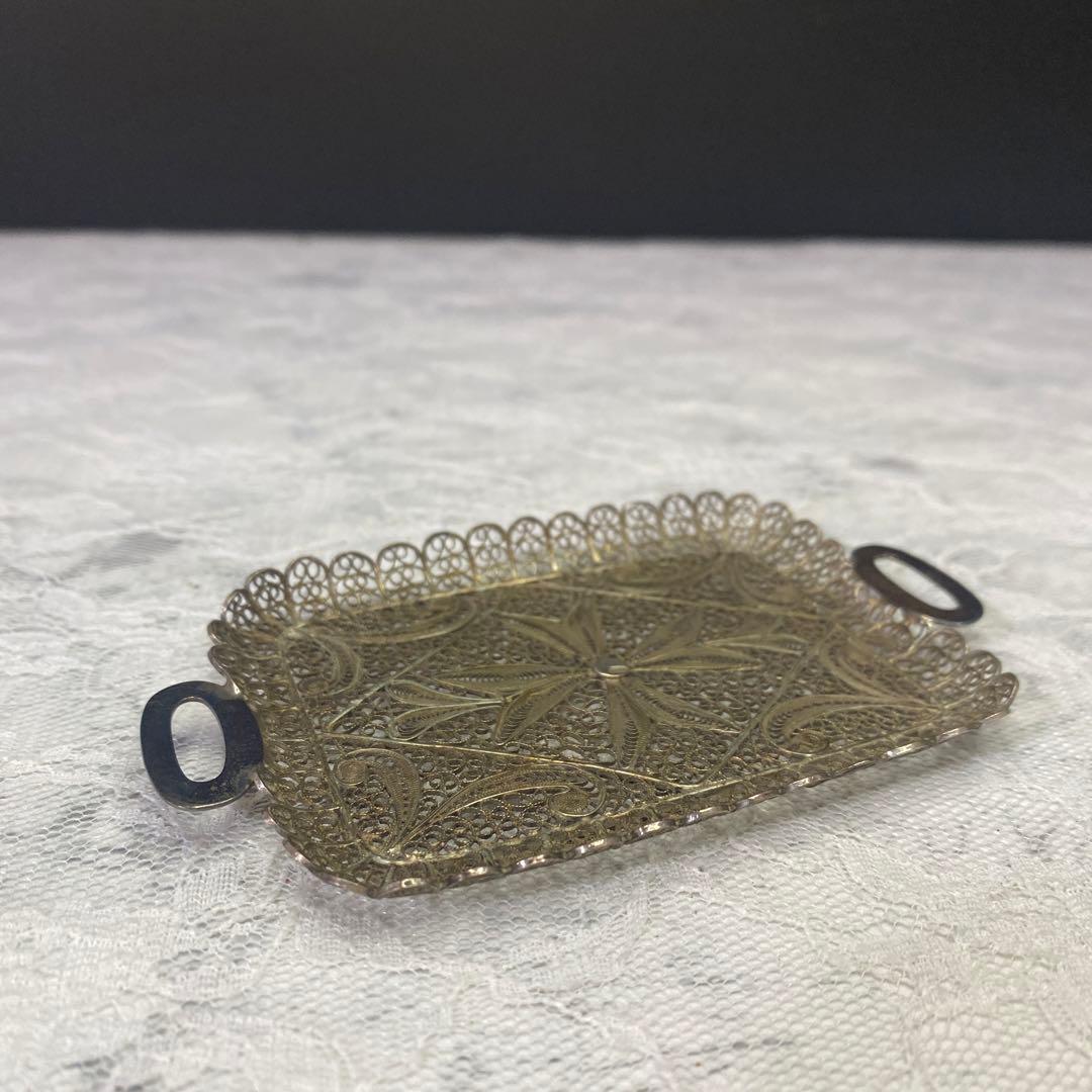 アンティーク　シルバー　800 トレー　銀線細工の可愛いミニチュアトレイ