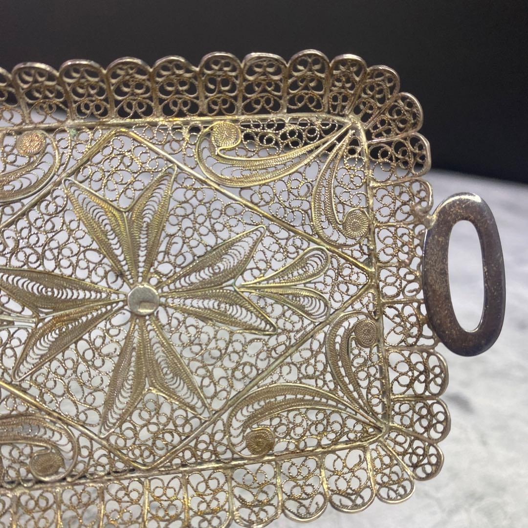 アンティーク　シルバー　800 トレー　銀線細工の可愛いミニチュアトレイ