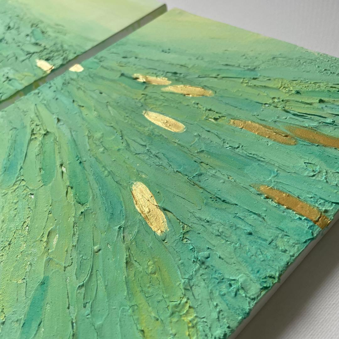金と緑の現代アート｜テクスチャーアート　アートパネル　インテリア　壁掛け　原画