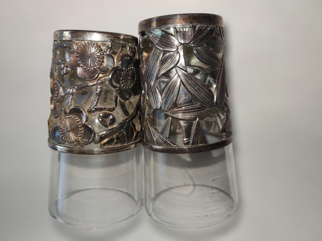 和製、シルバー、ガラス、酒器、2点セット、梅、笹