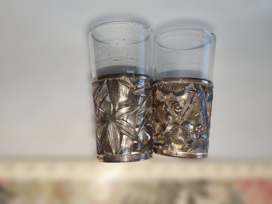 和製、シルバー、ガラス、酒器、2点セット、梅、笹