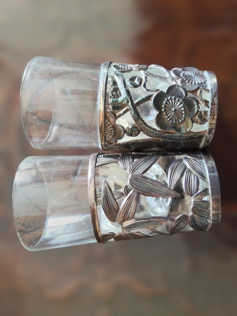 和製、シルバー、ガラス、酒器、2点セット、梅、笹