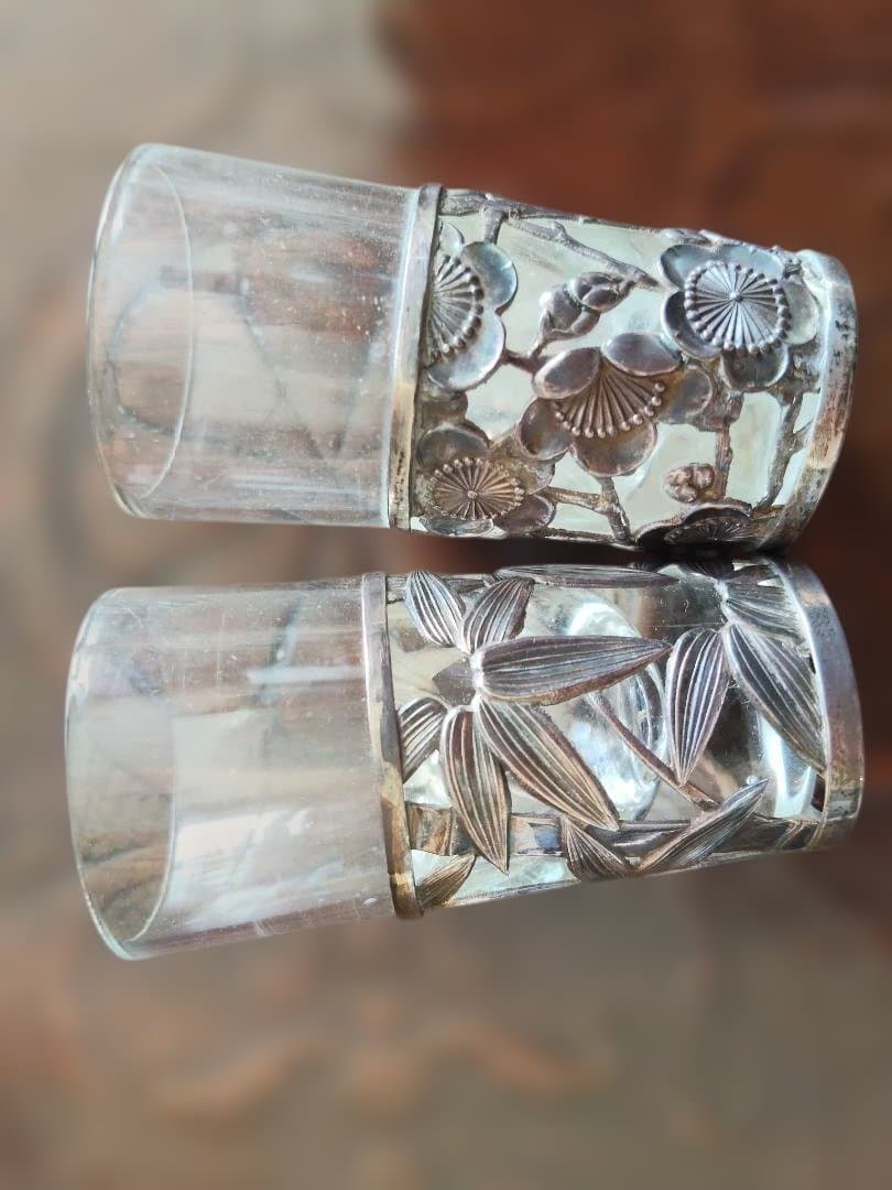 和製、シルバー、ガラス、酒器、2点セット、梅、笹
