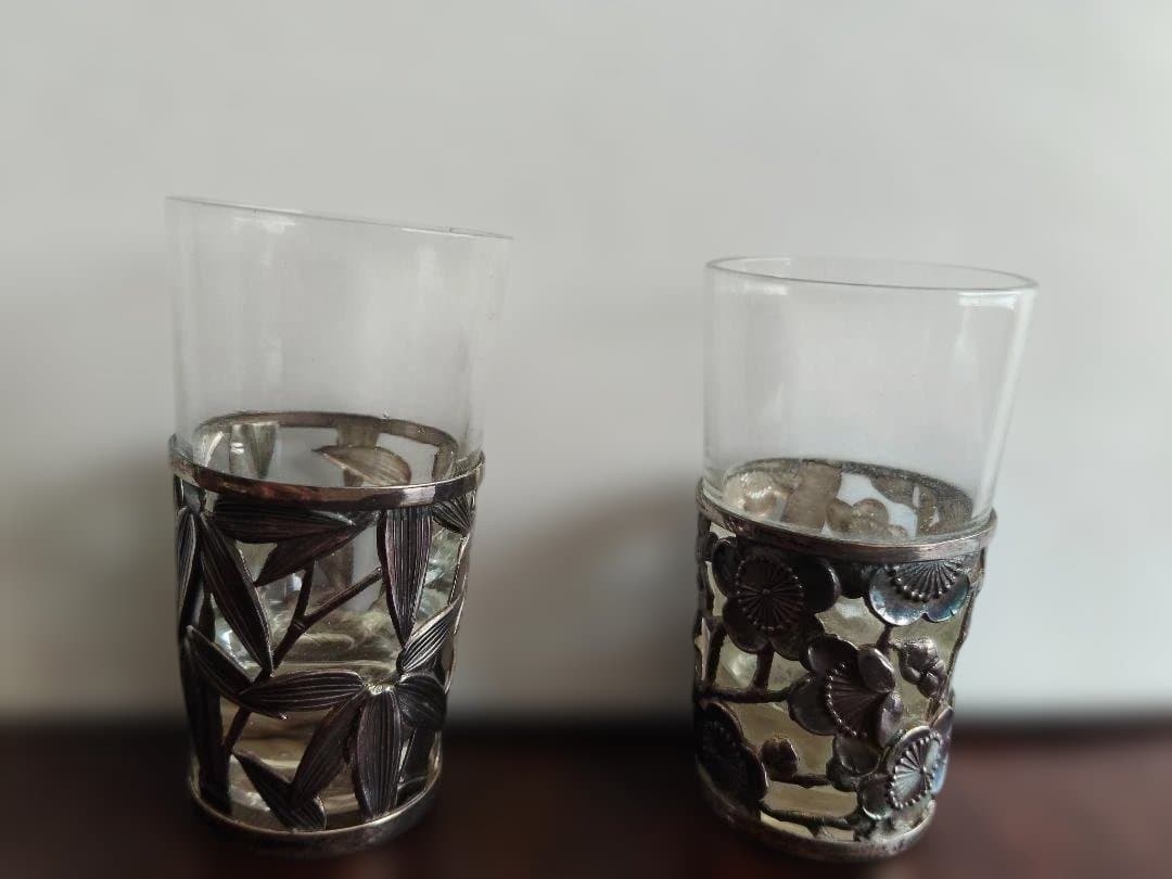 和製、シルバー、ガラス、酒器、2点セット、梅、笹