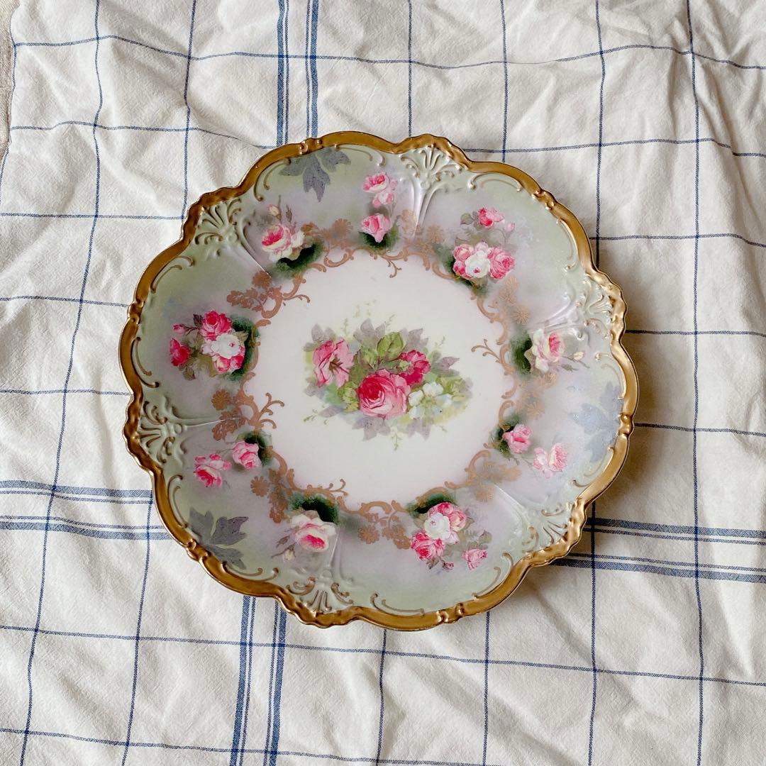 アンティーク　プレート　手描き　金彩　 薔薇　オーストリア