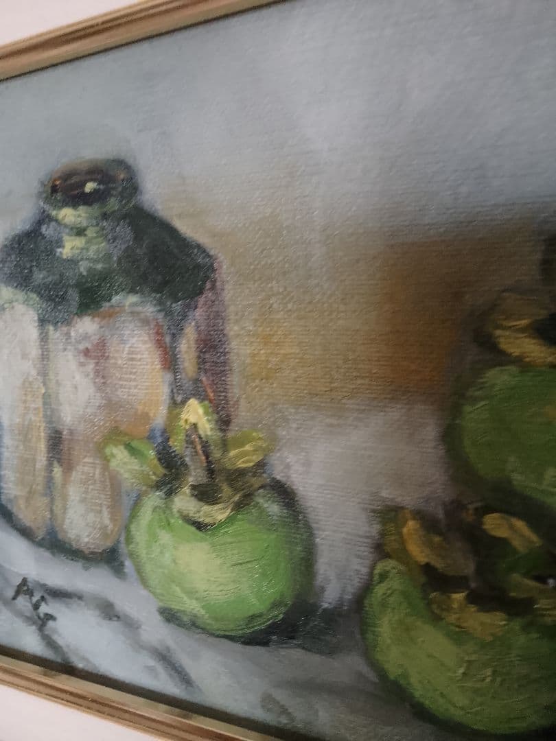 果物の静物 油彩画 緑と金のフレーム