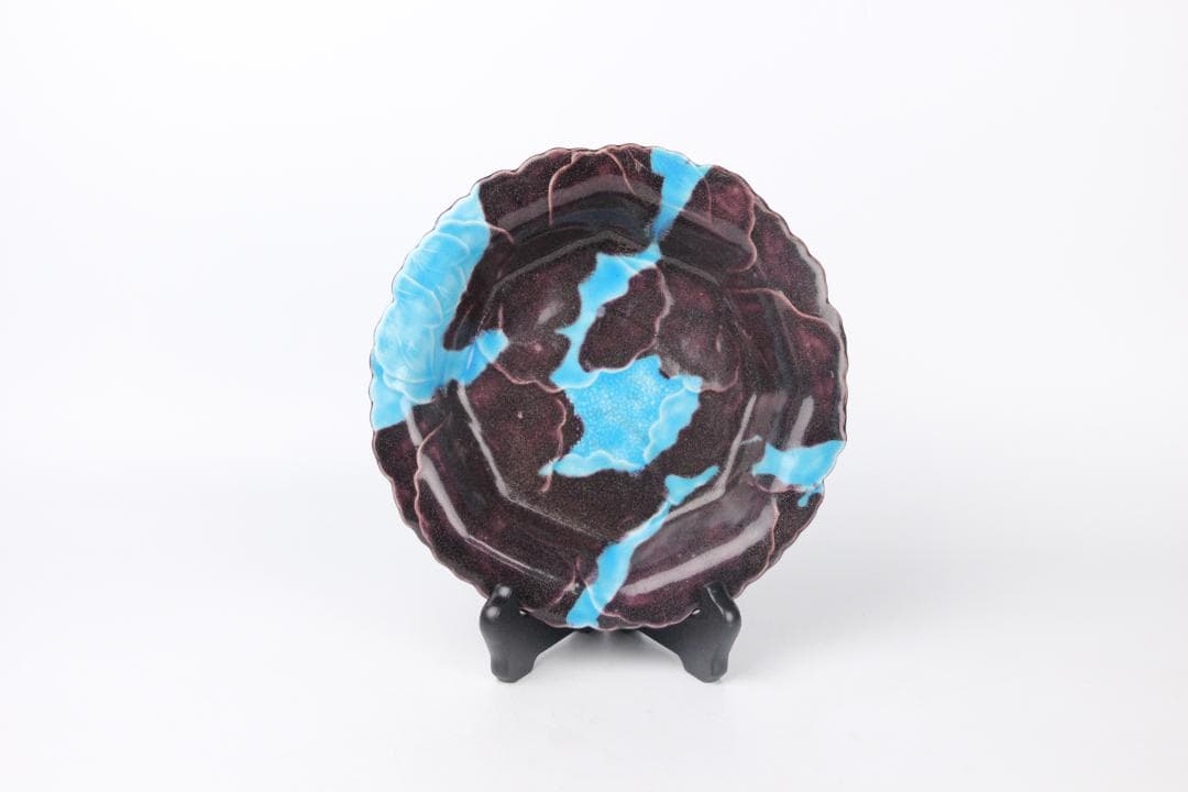 紀州 御庭焼 三楽園製 交趾　二彩　花模様　箱付 EM3-2