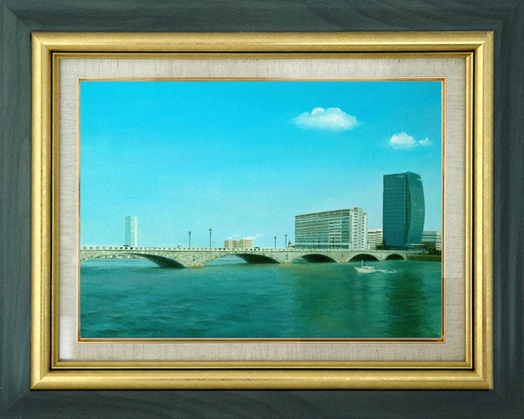 油絵 菅家令子 絵 絵画インテリア額付(黒) F6-080214 風景万代橋新潟