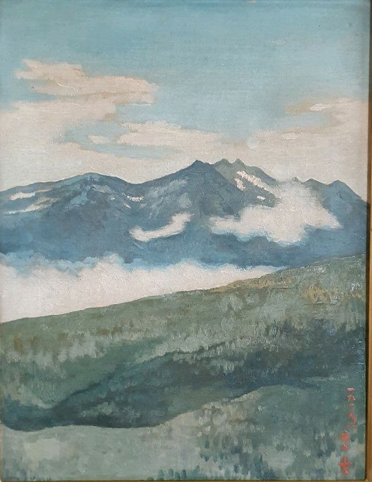 井上幸筆　題　『アルプス遠望』　F6   油彩　木製金彩額装　1939年8月