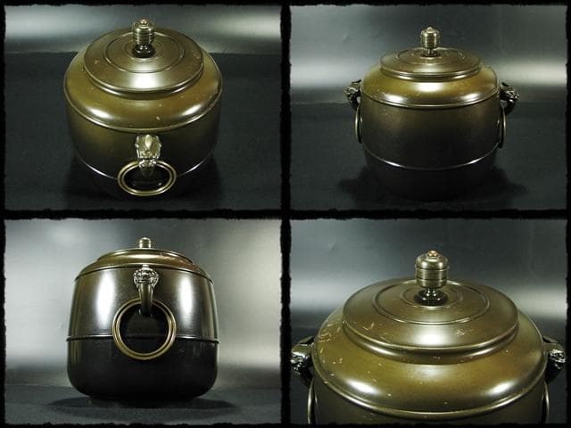 メル84937！唐銅 皆具 一揃 八尾 祥栄 鬼面耳付水指 建水杓立f68