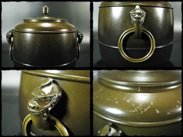 メル84937！唐銅 皆具 一揃 八尾 祥栄 鬼面耳付水指 建水杓立f68