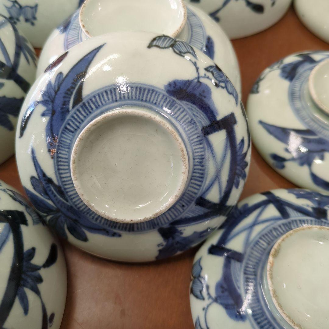 骨董　古伊万里　染め付け　蓋付き　茶碗　向付　アンティーク　5つ