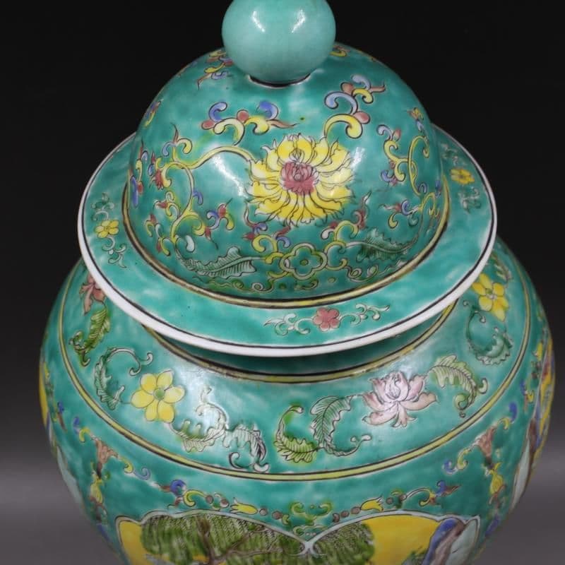 緑地パステル人物松鶴将軍缶 景徳鎮 陶磁器 装飾品 現代工芸品 美術品 置物