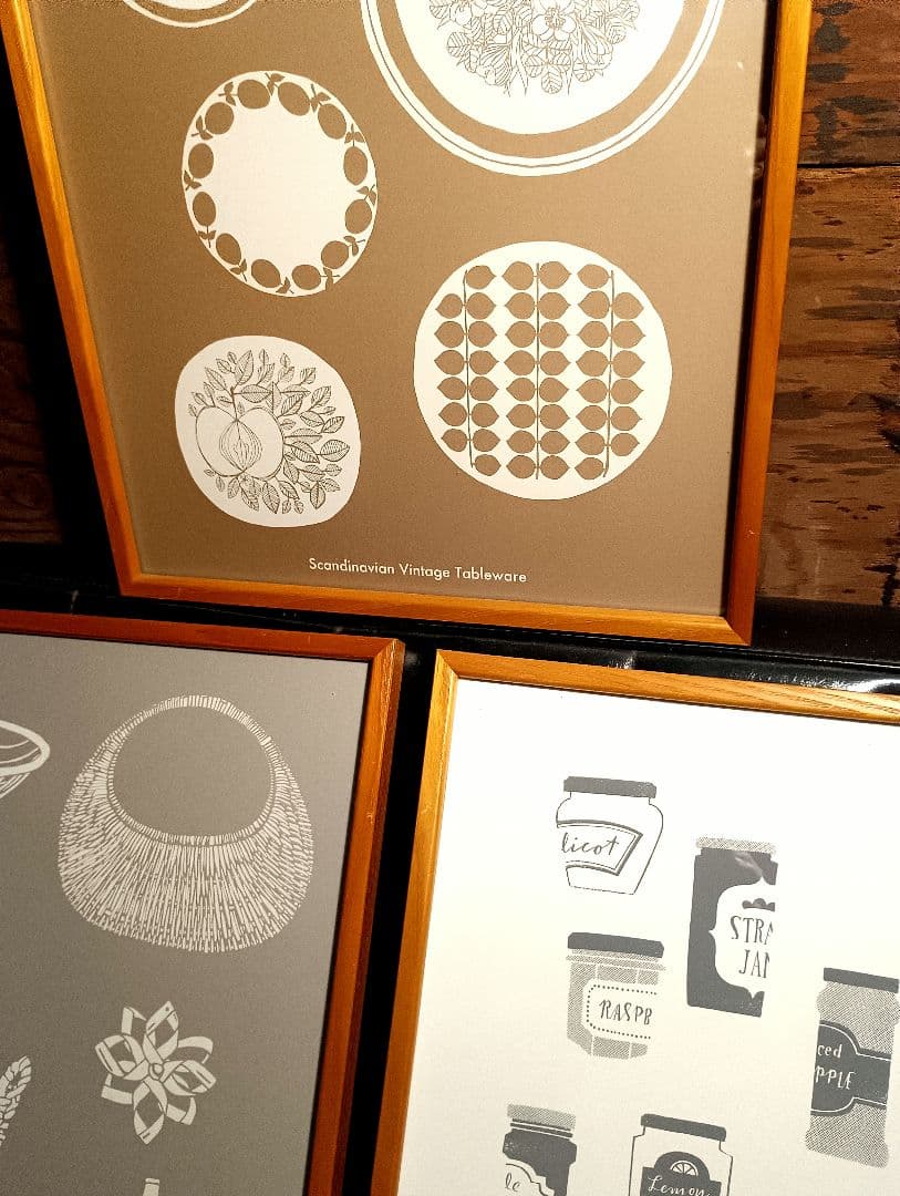 北欧暮らしの道具店　シルクスクリーン　ポスター　額入り　３点　ヴィンテージ　皿
