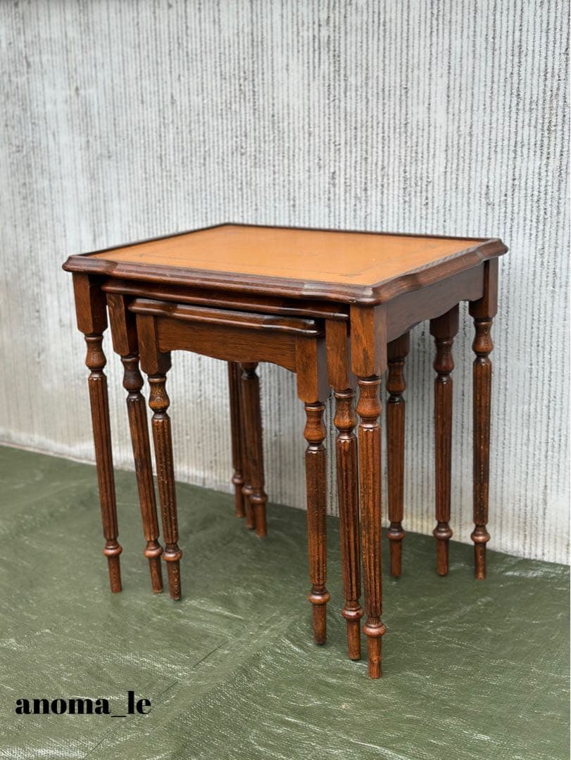 【ネストテーブル】木製　リーデッドレッグ　レザートップ　オケージョナル