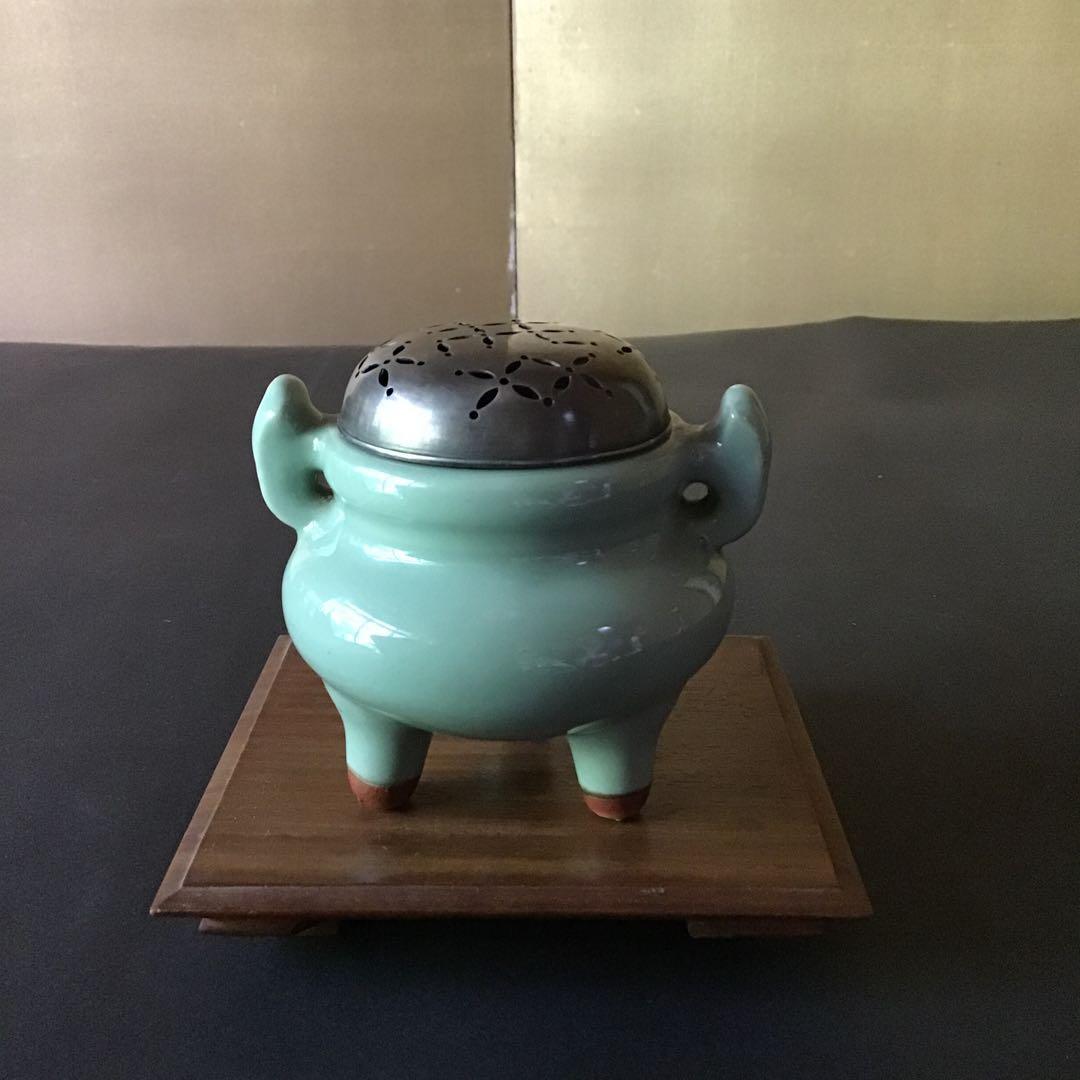 青磁　銀製麻の葉透かし火屋　香炉