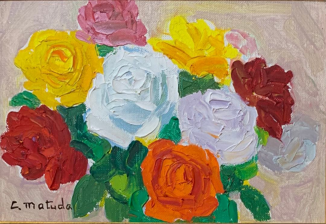 絵画額装　油彩肉筆画　真作　松田忠一『ばら』厚塗り　SMサイズ