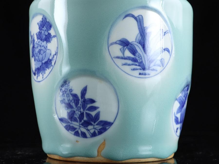 Y2463 時代物 中国 青磁 染付 青花獣双耳瓶 大花瓶 高さ26㎝