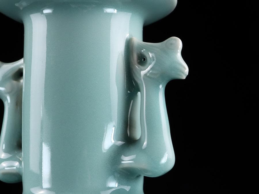 Y2463 時代物 中国 青磁 染付 青花獣双耳瓶 大花瓶 高さ26㎝