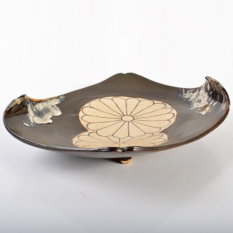 Tarou Kimoto　瀬戸黒加藤春鼎作菊文四方平鉢共箱C　R6658B