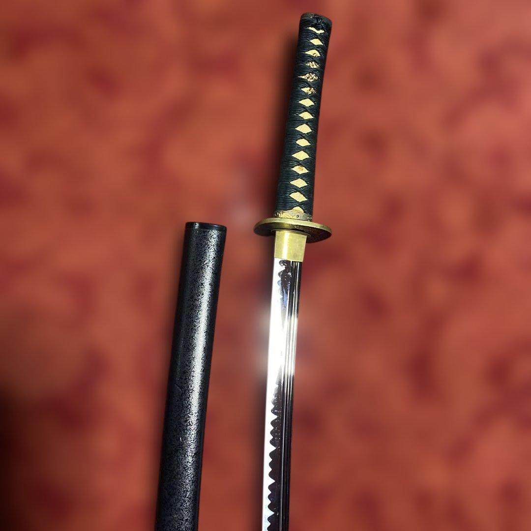 高級居合刀(下緒無し) 濃緑柄 海老彫丸四角鍔