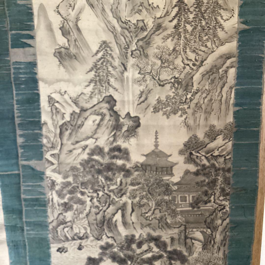 狩野山楽　【紙本水墨画双幅　楼閣山水図】　共箱　　掛軸双幅　　軸先は骨　稀有品