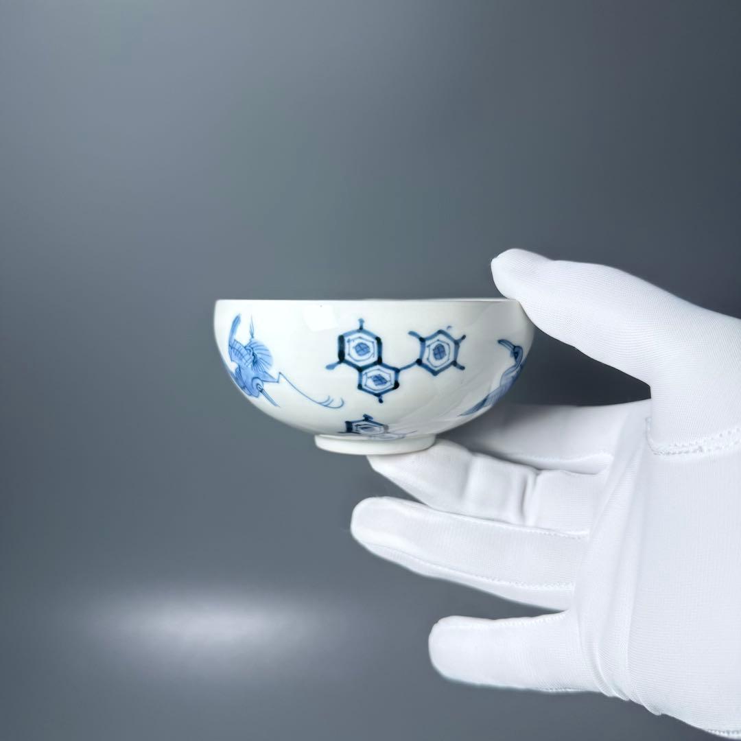 古平戸　染付鶴文様茶碗　五客　特注仕立箱　汲み出し　江戸後期〜明治期　古伊万里