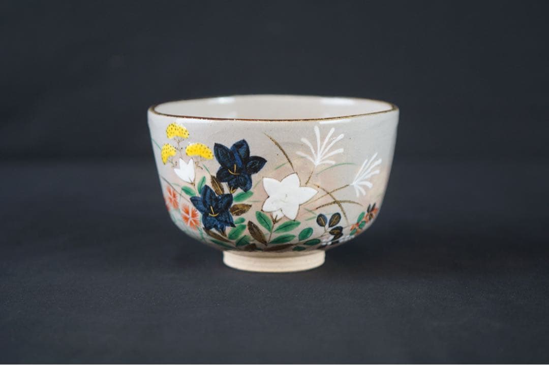 南口閑粋 作 乾山写 秋草文 金彩色絵 茶碗 共箱 栞 茶道具