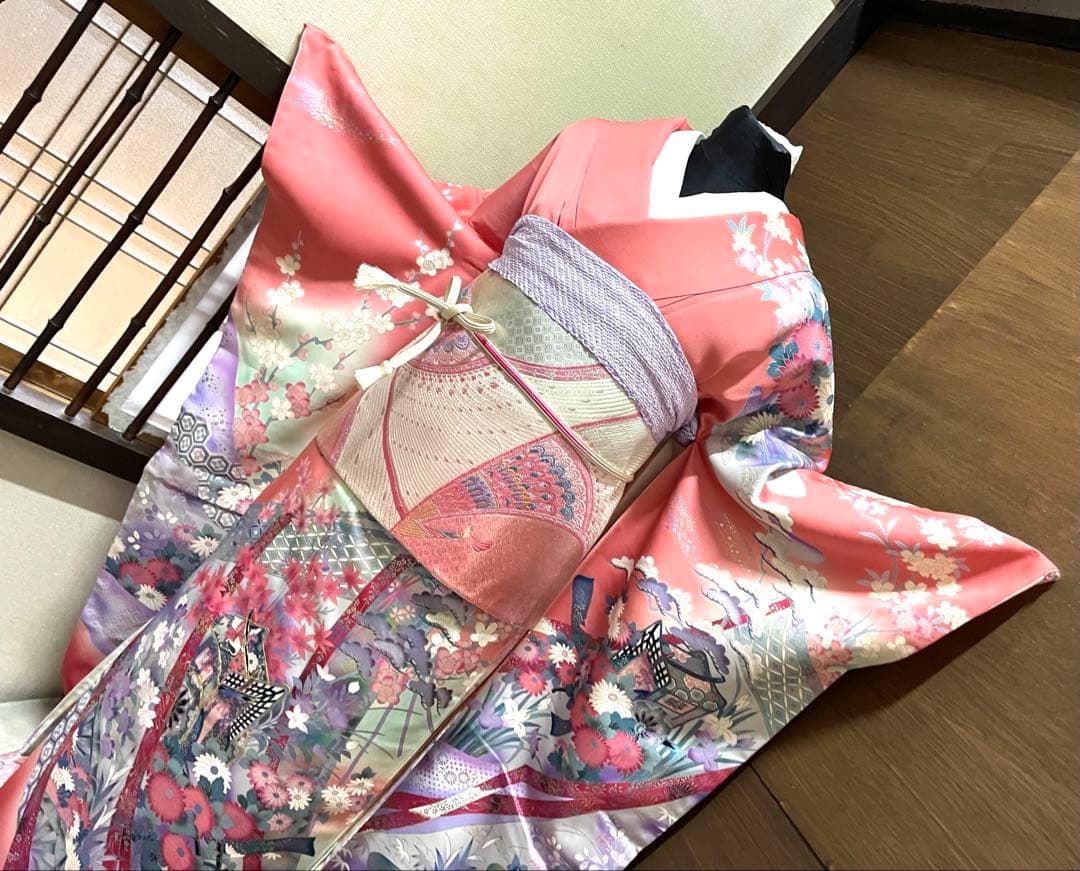 振袖 フルセット6点サイズM〜Ｌ駒刺繍　御所車花文　暈し染め　金彩正絹