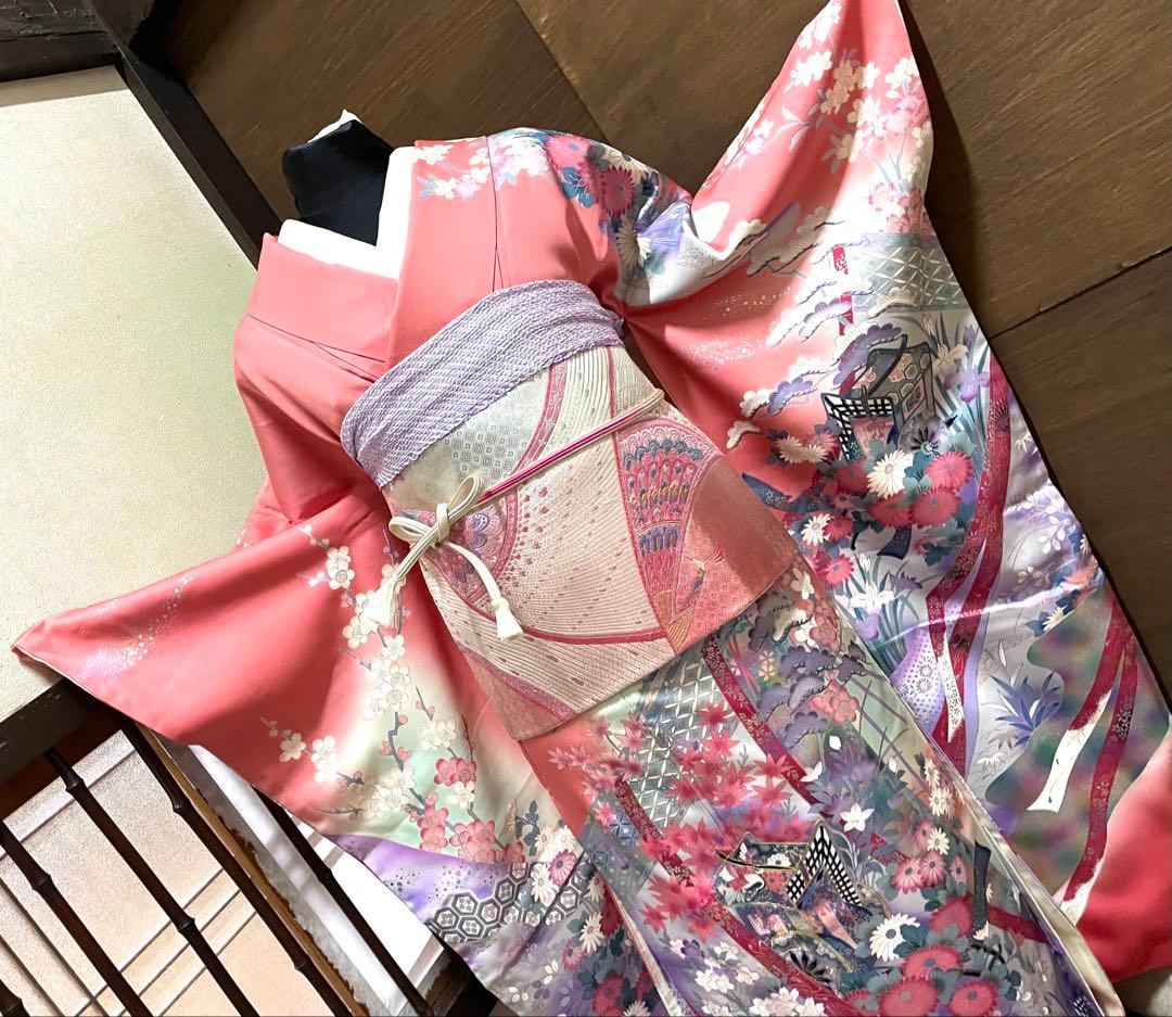 振袖 フルセット6点サイズM〜Ｌ駒刺繍　御所車花文　暈し染め　金彩正絹