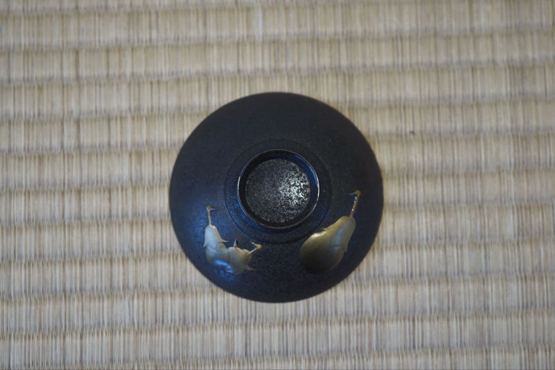 茄子高蒔絵・富士山蒔絵・朱印入り 黒乾漆粉塗 小吸物椀 2客/ 木製漆器 茶懐石