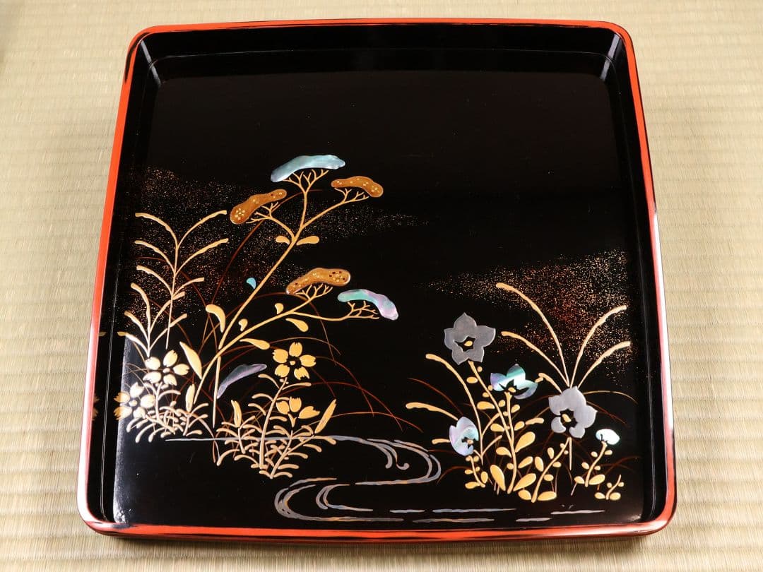 古い膳 螺鈿 流水草花 金銀蒔絵 四方膳 卓上 五客 根来 黒 木製 CM388