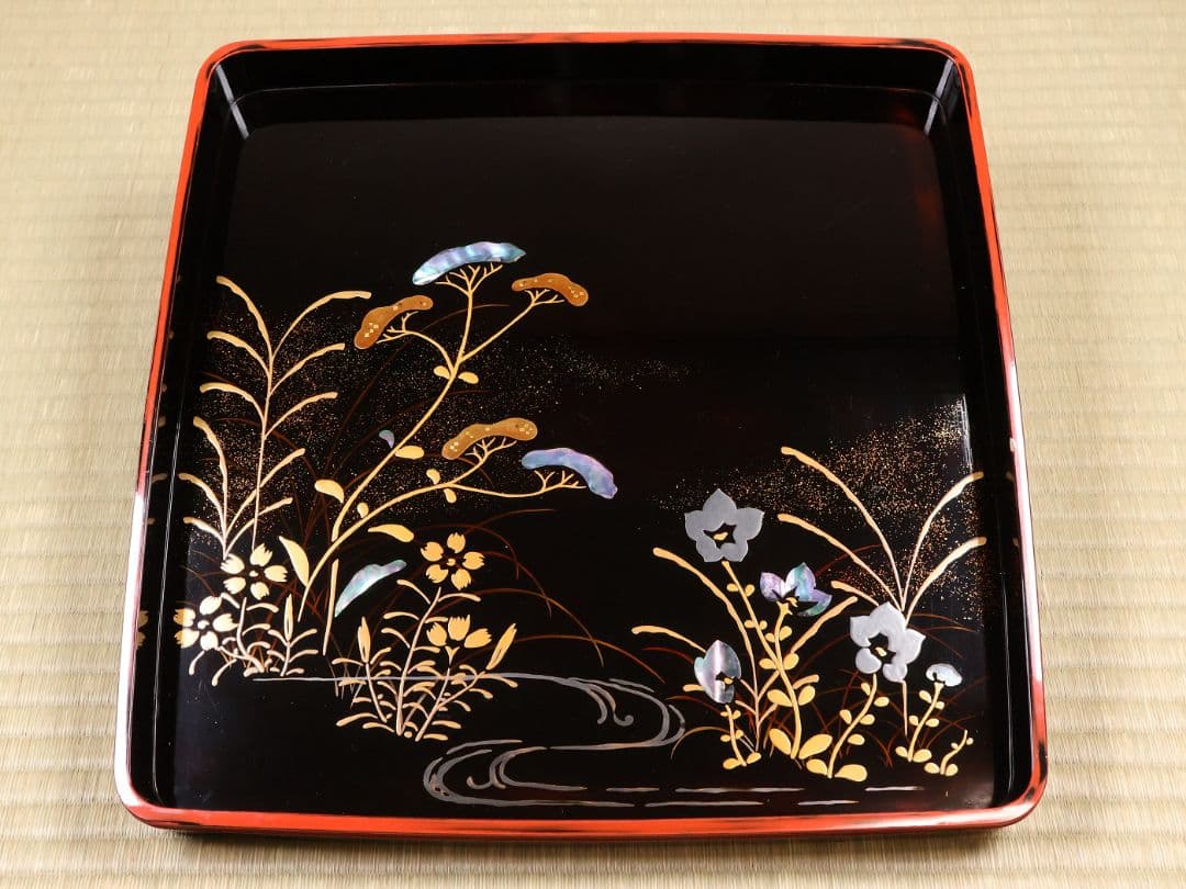 古い膳 螺鈿 流水草花 金銀蒔絵 四方膳 卓上 五客 根来 黒 木製 CM388