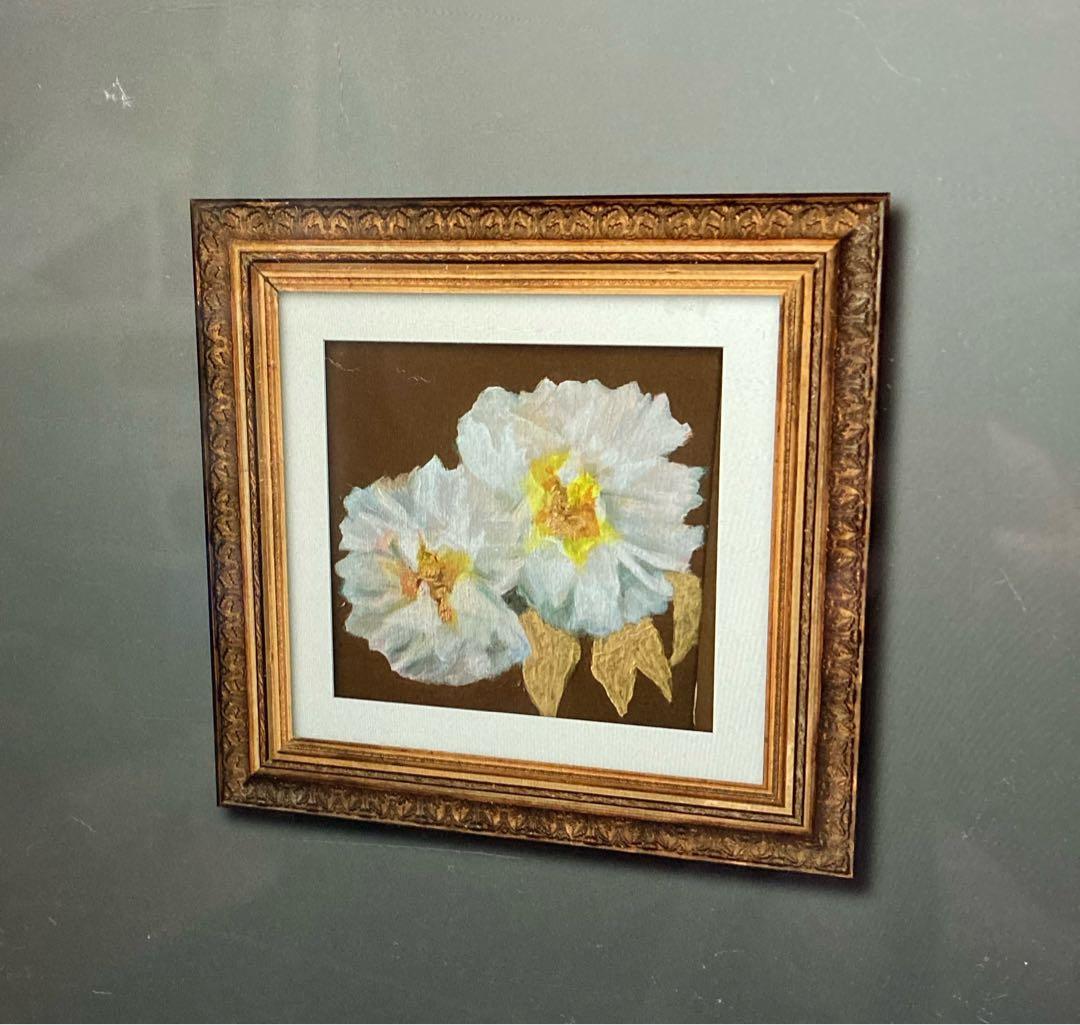 油彩画　「　白い牡丹 」　原画　額付