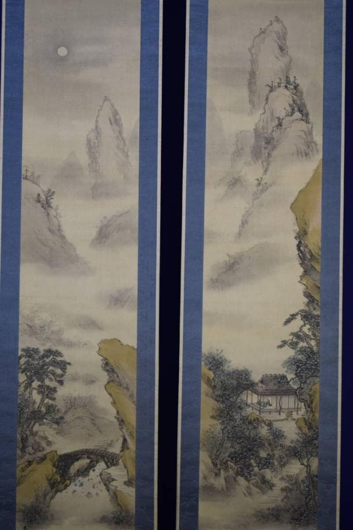 真作/宮武南岳/桂月庵/淡彩山水/双幅/絹表装/布袋屋掛軸HE-610