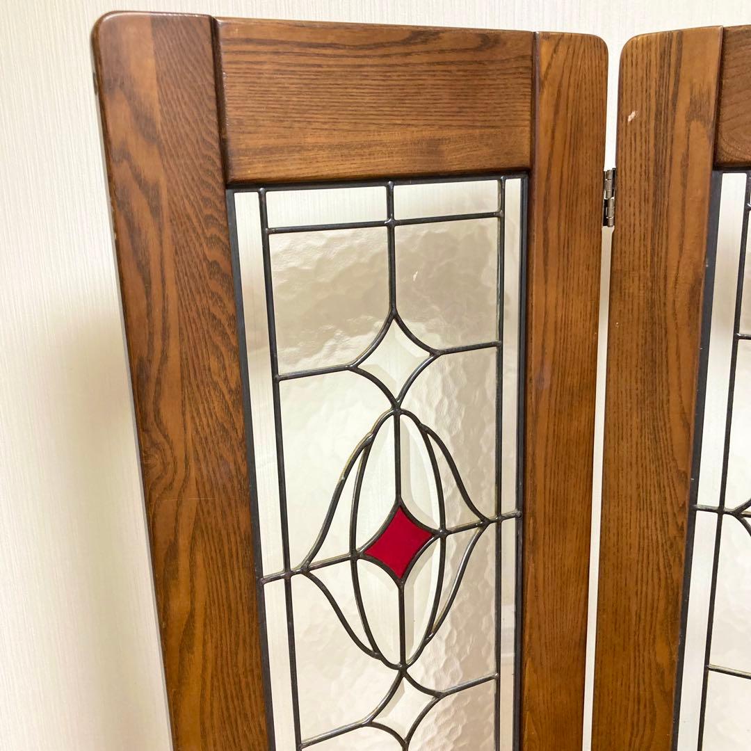 ステンドグラス 木製 パーテーション 3連 アンティーク調 間仕切り 衝立