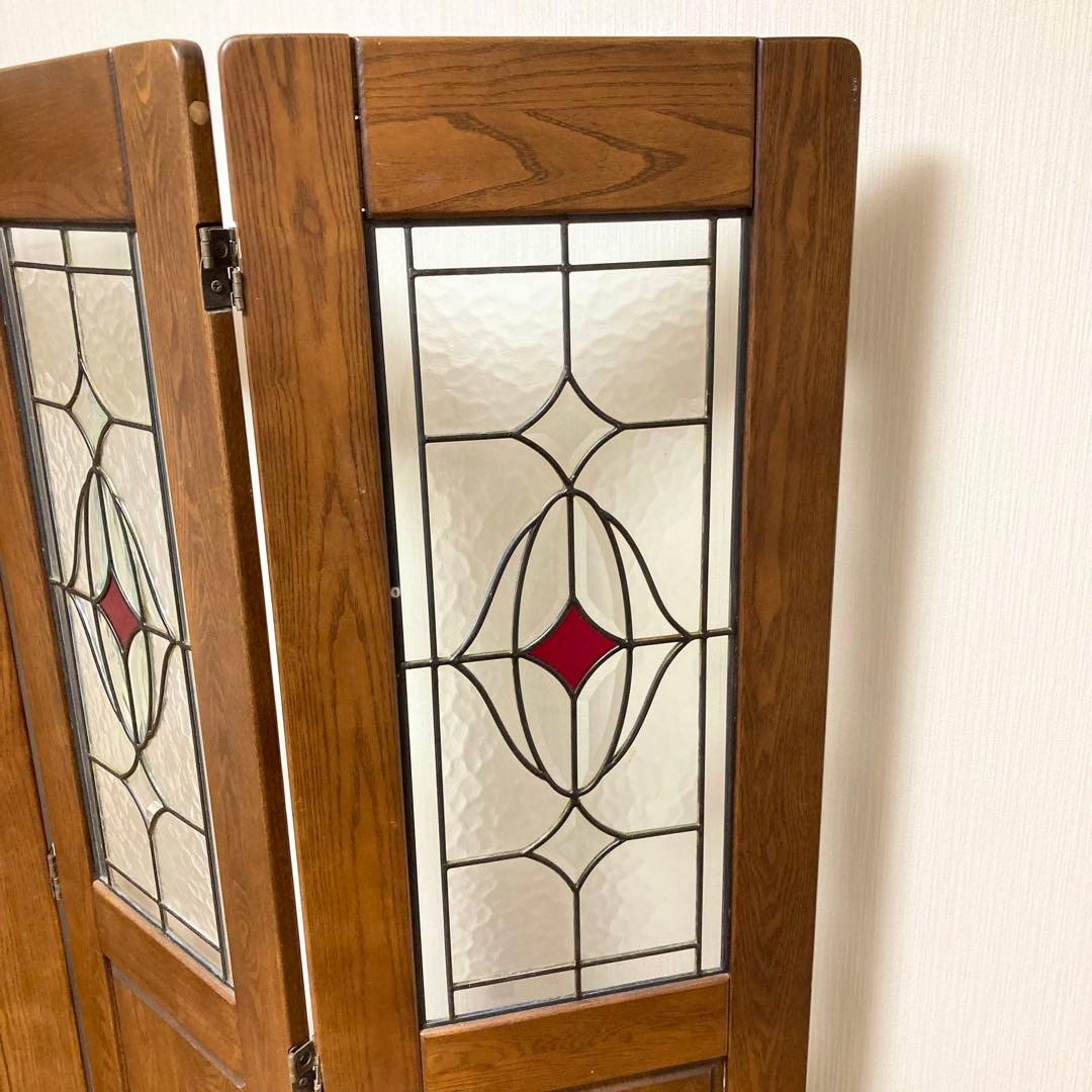 ステンドグラス 木製 パーテーション 3連 アンティーク調 間仕切り 衝立