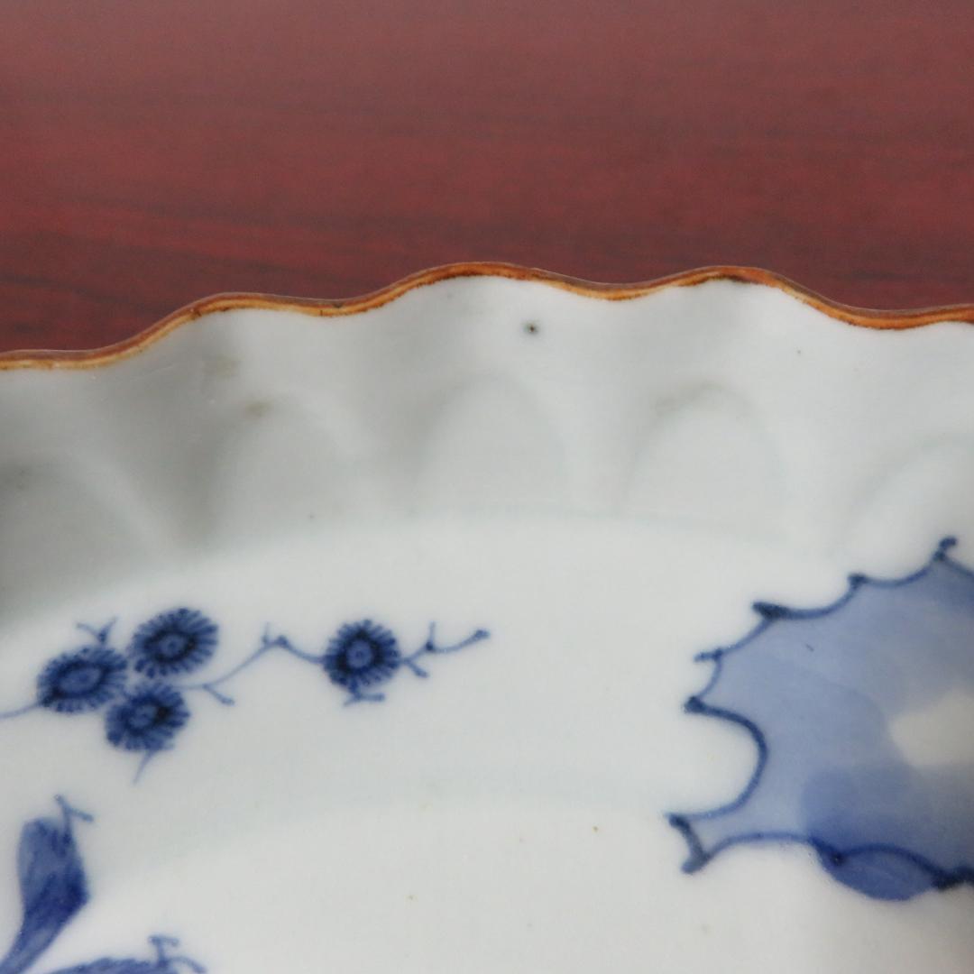 皿 2枚 染付 鳥 花 島 海 窯傷 明治 大正 その1